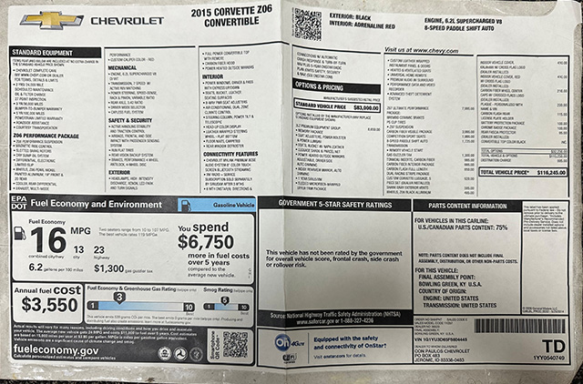 2015 Black Z06 Window Sticker